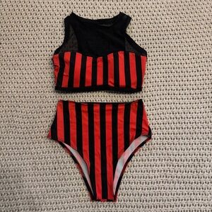 Pole Dance two piece set. Red and Black Striped, size Small, high waisted.